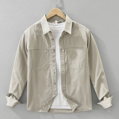 Buddha Stones Daily Plain Buttons Design Men's Long Sleeve Pure Cotton Shirt With Pockets