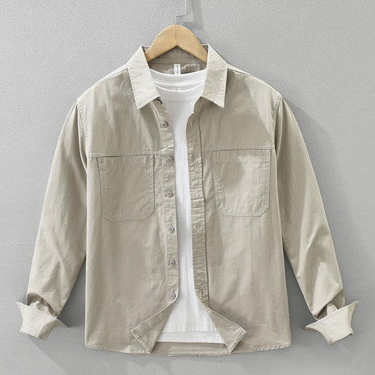 Buddha Stones Daily Plain Buttons Design Men's Long Sleeve Pure Cotton Shirt With Pockets