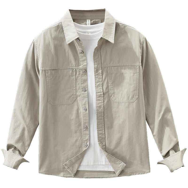 Buddha Stones Daily Plain Buttons Design Men's Long Sleeve Pure Cotton Shirt With Pockets