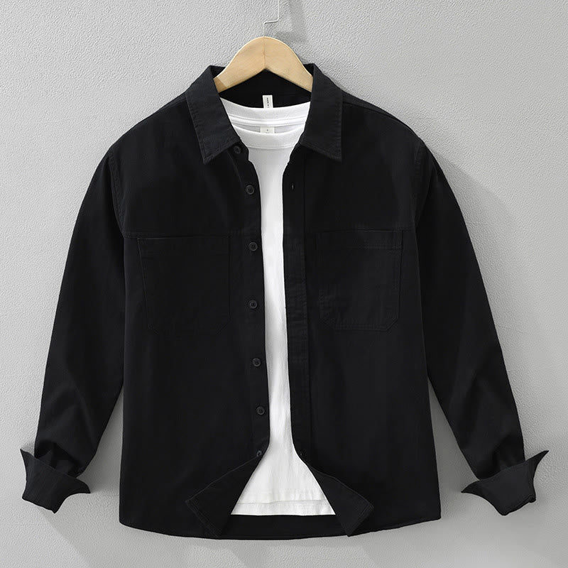Buddha Stones Daily Plain Buttons Design Men's Long Sleeve Pure Cotton Shirt With Pockets