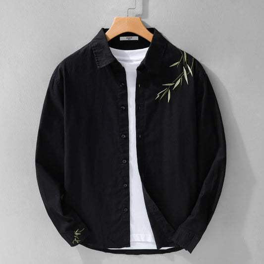 Buddha Stones Embroidery Leaves Pattern Men's Long Sleeve Cotton Linen Shirt