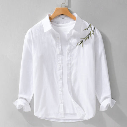 Buddha Stones Embroidery Leaves Pattern Men's Long Sleeve Cotton Linen Shirt