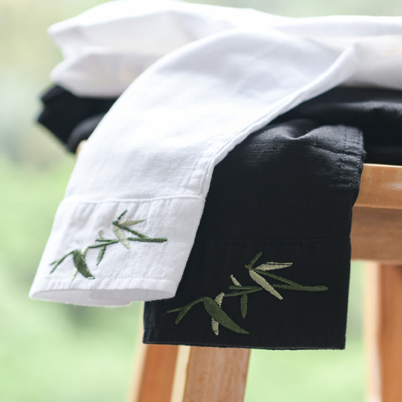 Buddha Stones Embroidery Leaves Pattern Men's Long Sleeve Cotton Linen Shirt