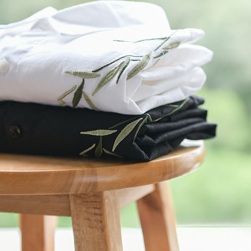 Buddha Stones Embroidery Leaves Pattern Men's Long Sleeve Cotton Linen Shirt