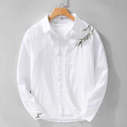 Buddha Stones Embroidery Leaves Pattern Men's Long Sleeve Cotton Linen Shirt