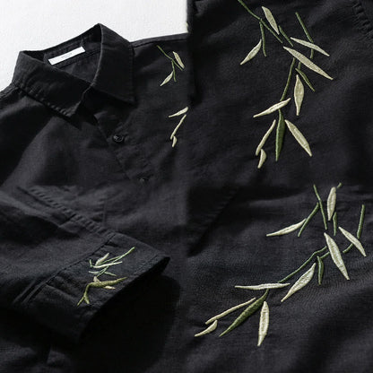 Buddha Stones Embroidery Leaves Pattern Men's Long Sleeve Cotton Linen Shirt