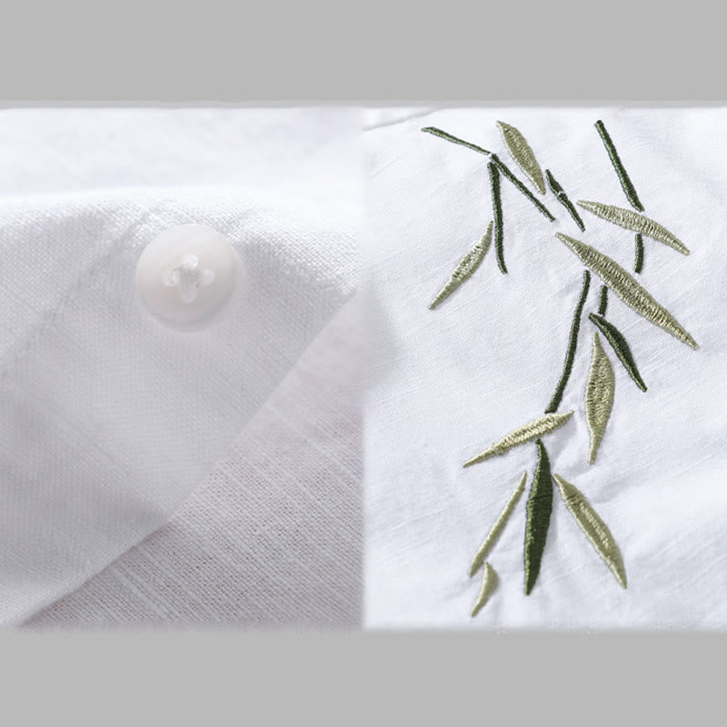 Buddha Stones Embroidery Leaves Pattern Men's Long Sleeve Cotton Linen Shirt