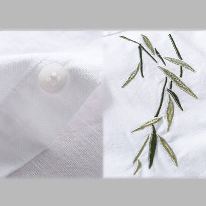 Buddha Stones Embroidery Leaves Pattern Men's Long Sleeve Cotton Linen Shirt