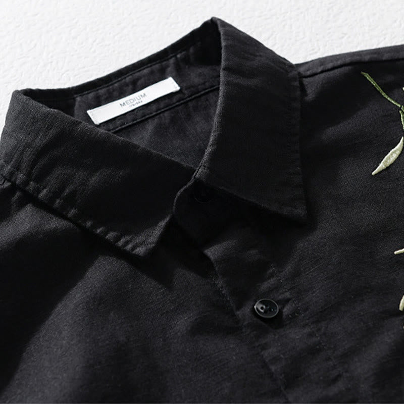 Buddha Stones Embroidery Leaves Pattern Men's Long Sleeve Cotton Linen Shirt