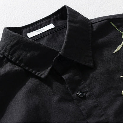 Buddha Stones Embroidery Leaves Pattern Men's Long Sleeve Cotton Linen Shirt