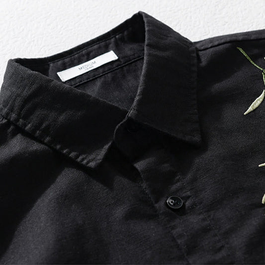 Buddha Stones Embroidery Leaves Pattern Men's Long Sleeve Cotton Linen Shirt