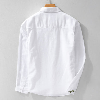 Buddha Stones Embroidery Leaves Pattern Men's Long Sleeve Cotton Linen Shirt