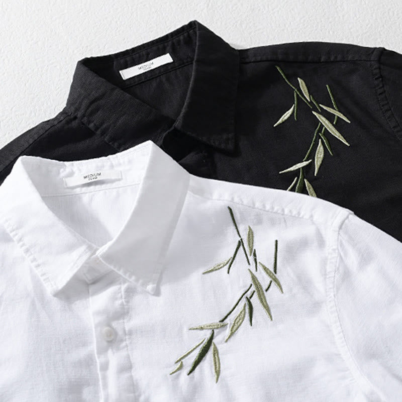 Buddha Stones Embroidery Leaves Pattern Men's Long Sleeve Cotton Linen Shirt
