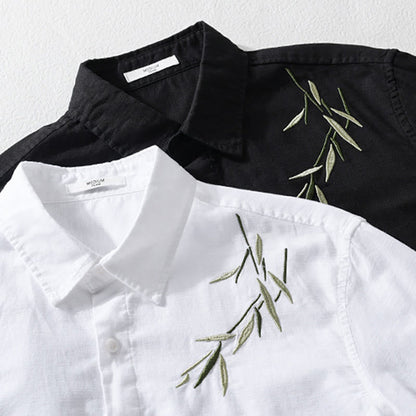 Buddha Stones Embroidery Leaves Pattern Men's Long Sleeve Cotton Linen Shirt