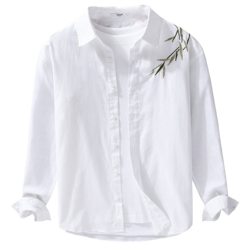Buddha Stones Embroidery Leaves Pattern Men's Long Sleeve Cotton Linen Shirt