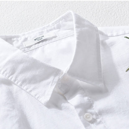 Buddha Stones Embroidery Leaves Pattern Men's Long Sleeve Cotton Linen Shirt