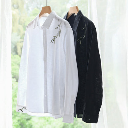 Buddha Stones Embroidery Leaves Pattern Men's Long Sleeve Cotton Linen Shirt