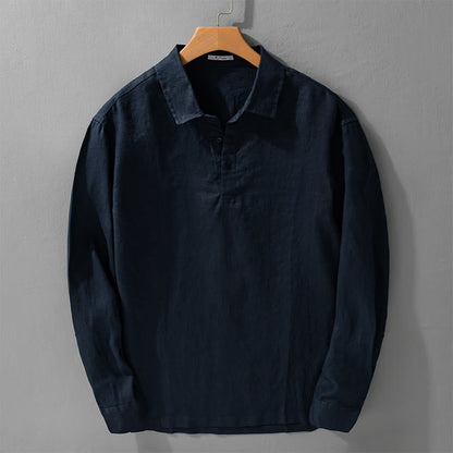 Buddha Stones Men's Solid Color Lapel Buttons Long Sleeve Pure Linen Shirt