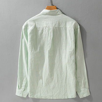 Buddha Stones Men's Solid Color Lapel Buttons Long Sleeve Pure Linen Shirt