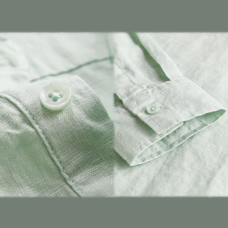 Buddha Stones Men's Solid Color Lapel Buttons Long Sleeve Pure Linen Shirt