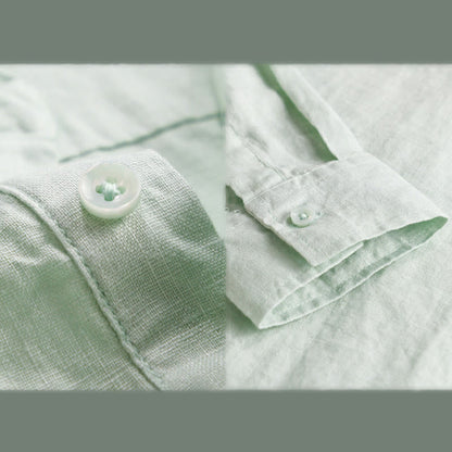 Buddha Stones Men's Solid Color Lapel Buttons Long Sleeve Pure Linen Shirt