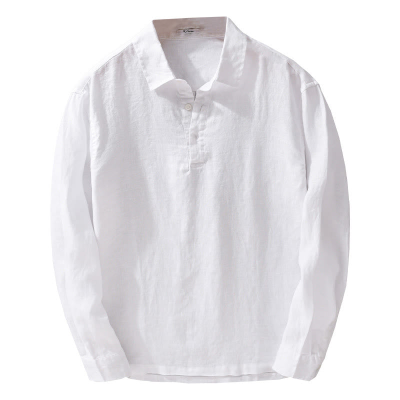 Buddha Stones Men's Solid Color Lapel Buttons Long Sleeve Pure Linen Shirt