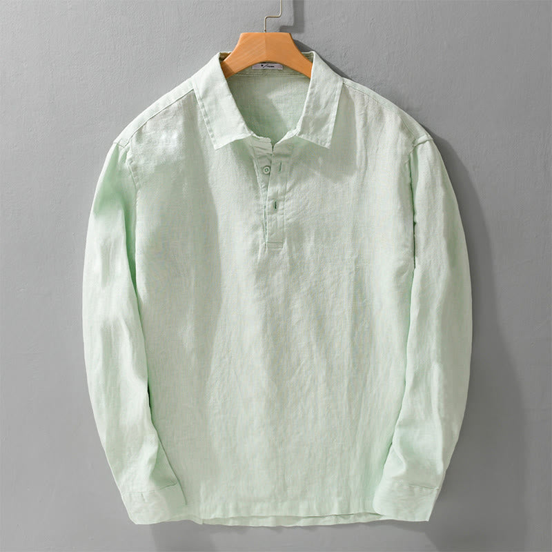 Buddha Stones Men's Solid Color Lapel Buttons Long Sleeve Pure Linen Shirt