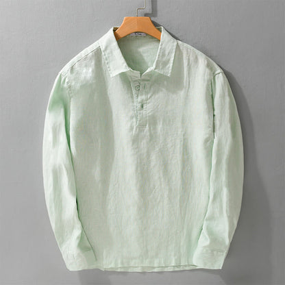 Buddha Stones Men's Solid Color Lapel Buttons Long Sleeve Pure Linen Shirt