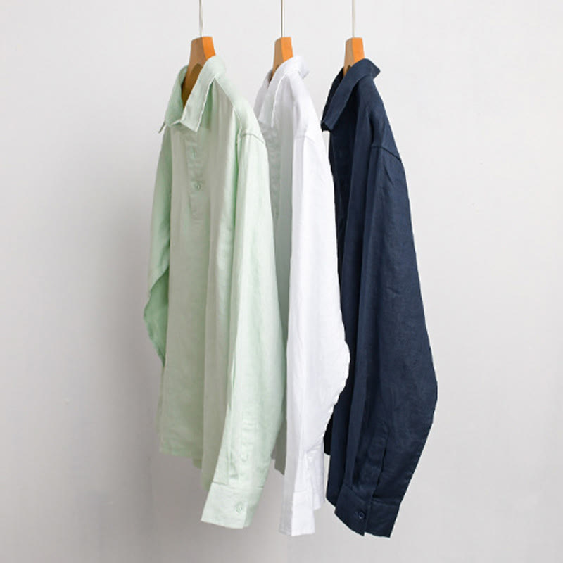 Buddha Stones Men's Solid Color Lapel Buttons Long Sleeve Pure Linen Shirt