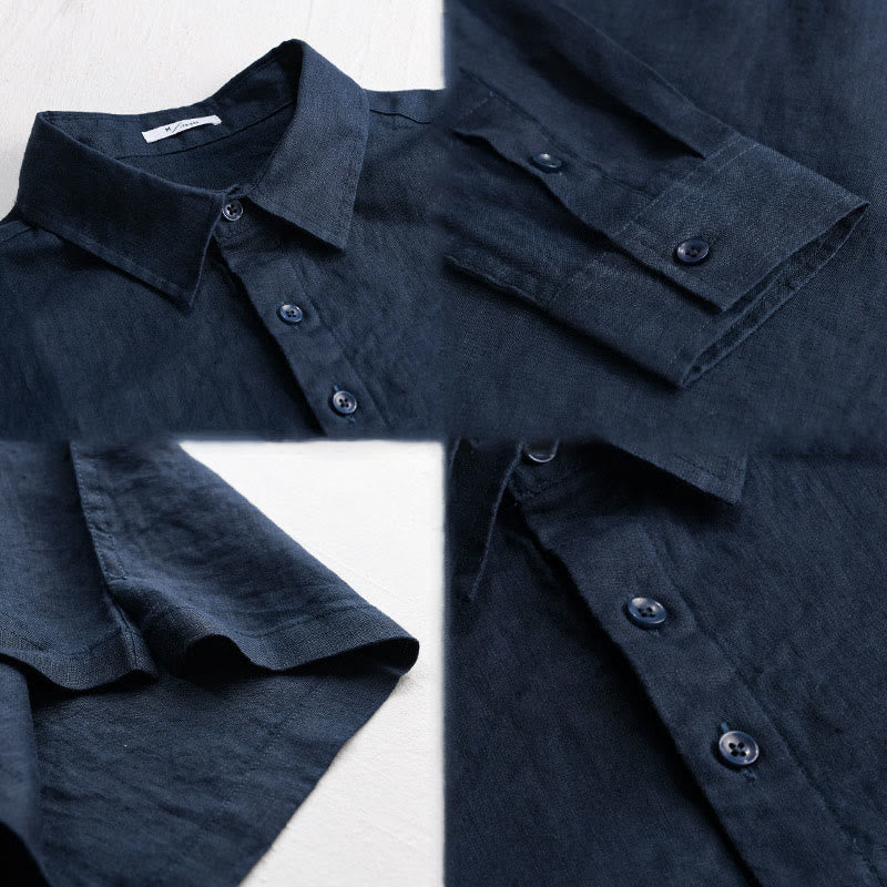 Buddha Stones Men's Solid Color Lapel Buttons Long Sleeve Pure Linen Shirt