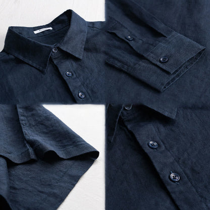 Buddha Stones Men's Solid Color Lapel Buttons Long Sleeve Pure Linen Shirt