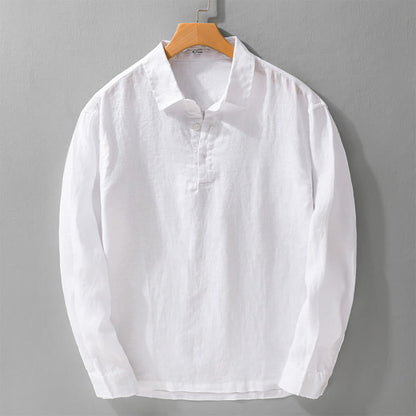 Buddha Stones Men's Solid Color Lapel Buttons Long Sleeve Pure Linen Shirt