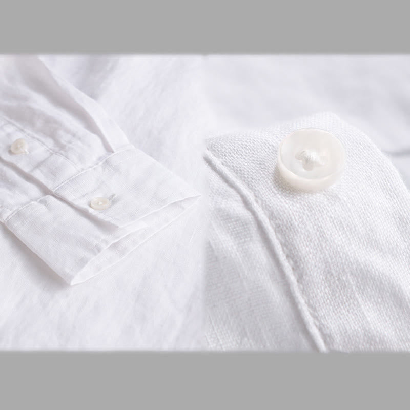 Buddha Stones Men's Solid Color Lapel Buttons Long Sleeve Pure Linen Shirt