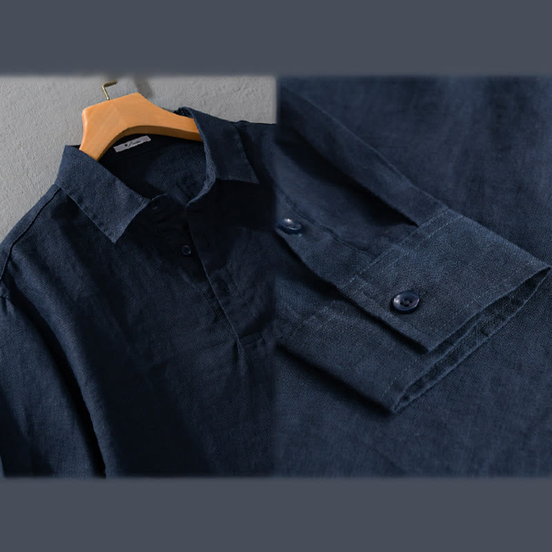 Buddha Stones Men's Solid Color Lapel Buttons Long Sleeve Pure Linen Shirt
