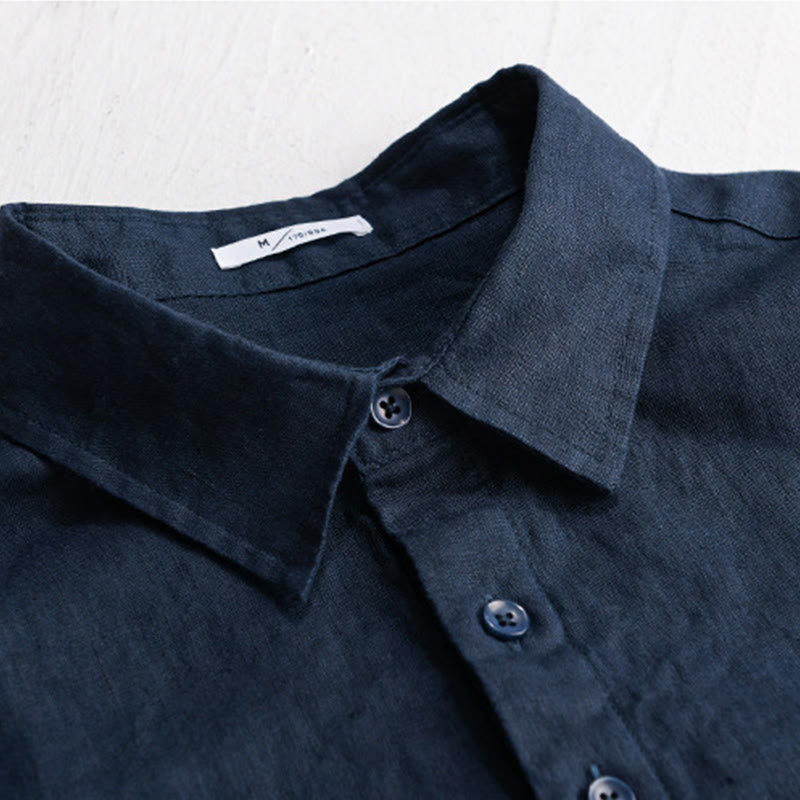 Buddha Stones Men's Solid Color Lapel Buttons Long Sleeve Pure Linen Shirt