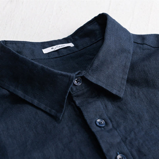 Buddha Stones Men's Solid Color Lapel Buttons Long Sleeve Pure Linen Shirt
