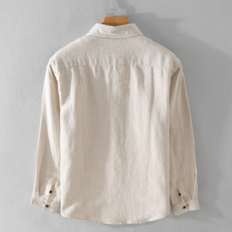 Buddha Stones Men's Pure Color Lapel Buttons Simple Design Ramie Cotton Long Sleeve Shirt