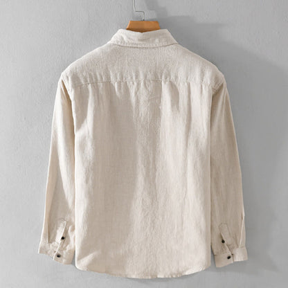 Buddha Stones Men's Pure Color Lapel Buttons Simple Design Ramie Cotton Long Sleeve Shirt