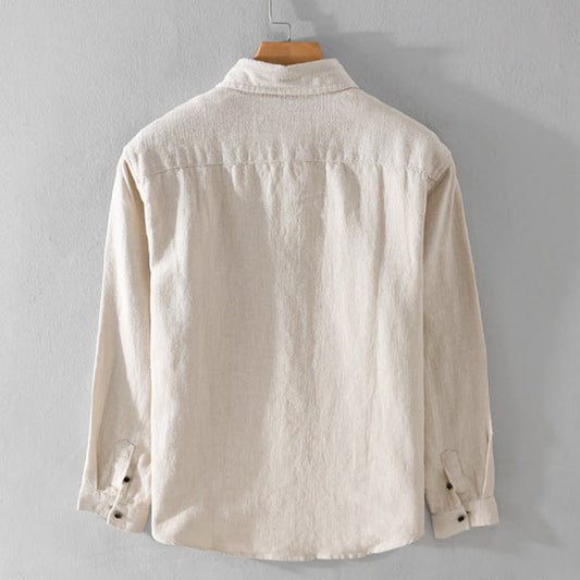 Buddha Stones Men's Pure Color Lapel Buttons Simple Design Ramie Cotton Long Sleeve Shirt