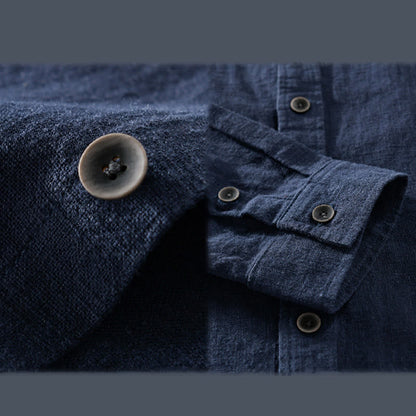 Buddha Stones Men's Pure Color Lapel Buttons Simple Design Ramie Cotton Long Sleeve Shirt