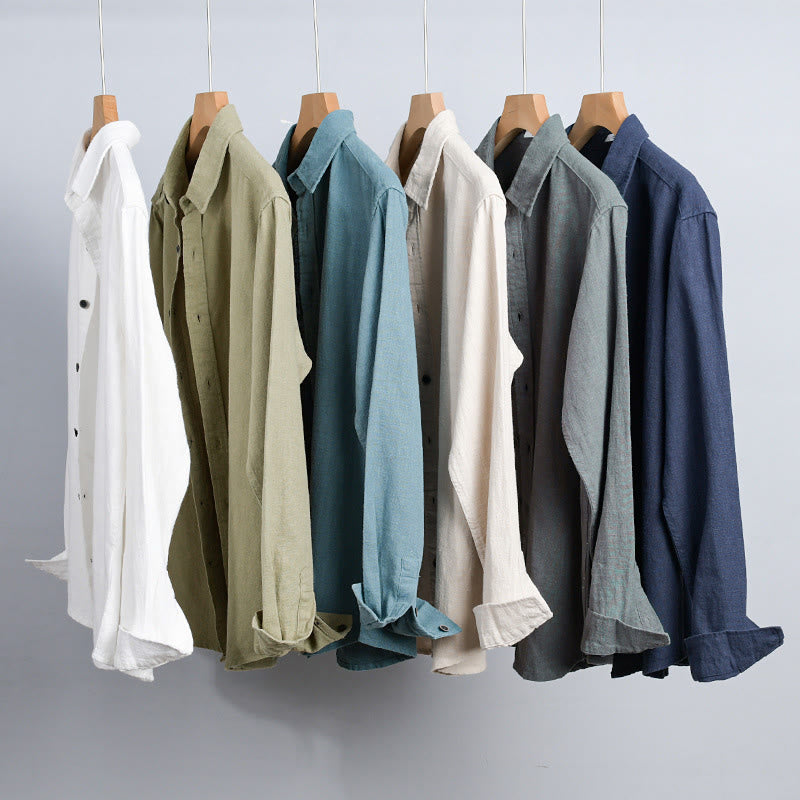 Buddha Stones Men's Pure Color Lapel Buttons Simple Design Ramie Cotton Long Sleeve Shirt
