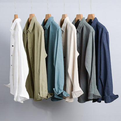 Buddha Stones Men's Pure Color Lapel Buttons Simple Design Ramie Cotton Long Sleeve Shirt