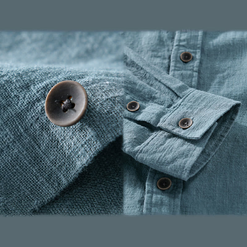 Buddha Stones Men's Pure Color Lapel Buttons Simple Design Ramie Cotton Long Sleeve Shirt