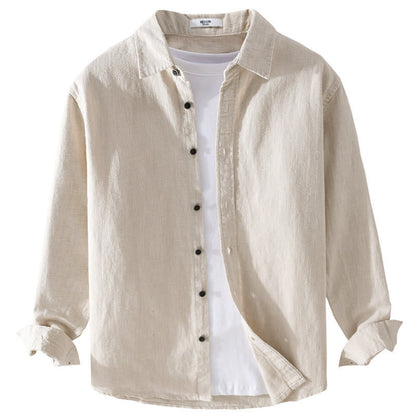 Buddha Stones Men's Pure Color Lapel Buttons Simple Design Ramie Cotton Long Sleeve Shirt