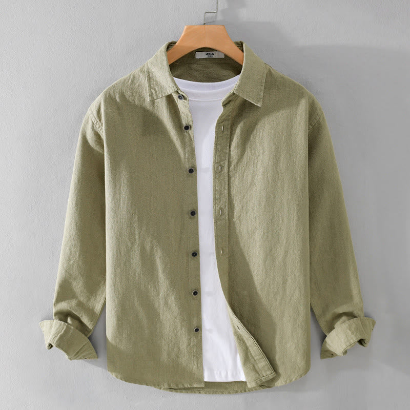 Buddha Stones Men's Pure Color Lapel Buttons Simple Design Ramie Cotton Long Sleeve Shirt