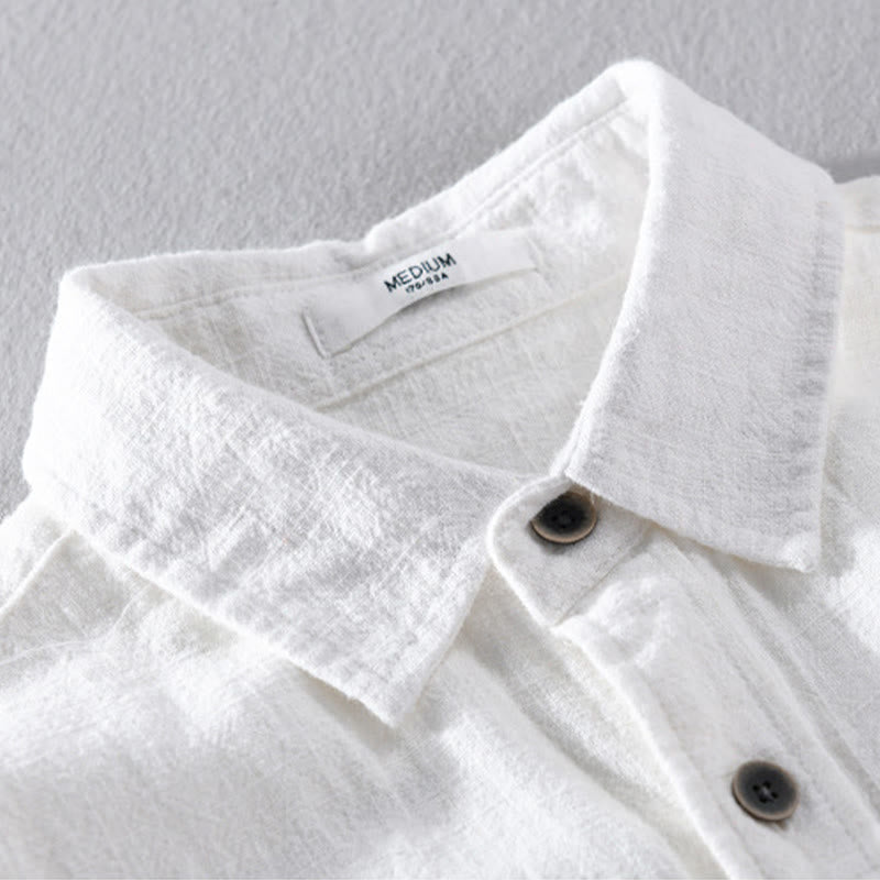 Buddha Stones Men's Pure Color Lapel Buttons Simple Design Ramie Cotton Long Sleeve Shirt