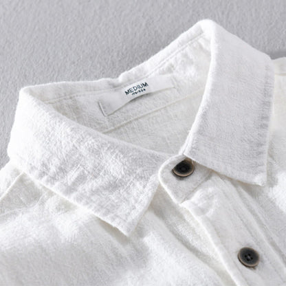 Buddha Stones Men's Pure Color Lapel Buttons Simple Design Ramie Cotton Long Sleeve Shirt