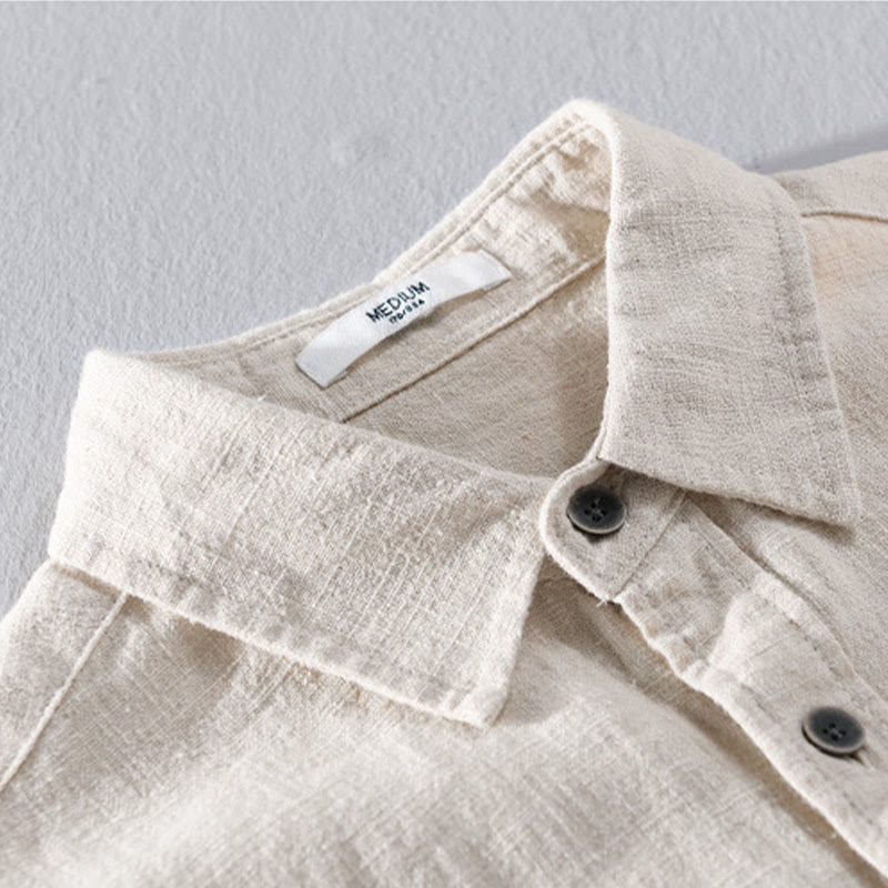 Buddha Stones Men's Pure Color Lapel Buttons Simple Design Ramie Cotton Long Sleeve Shirt