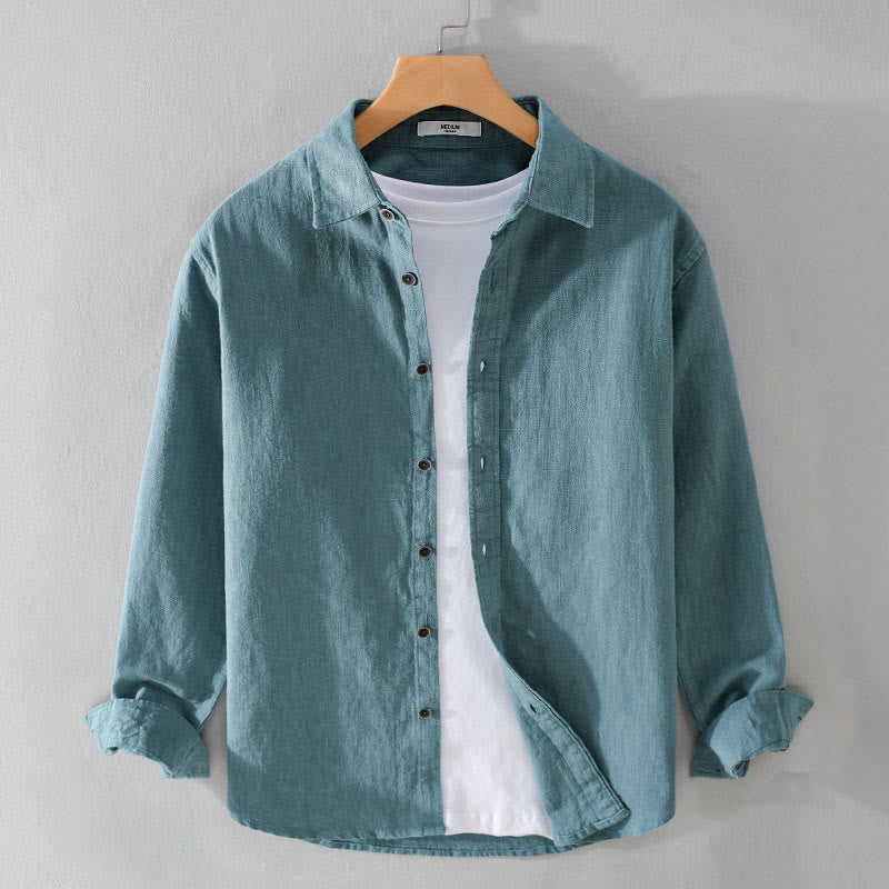 Buddha Stones Men's Pure Color Lapel Buttons Simple Design Ramie Cotton Long Sleeve Shirt