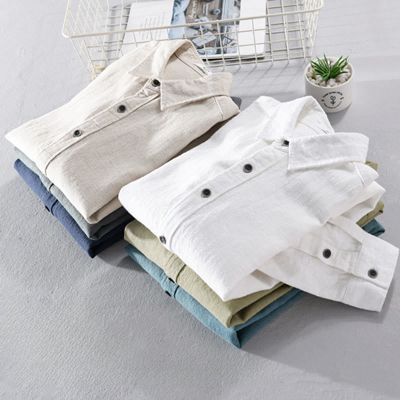 Buddha Stones Men's Pure Color Lapel Buttons Simple Design Ramie Cotton Long Sleeve Shirt